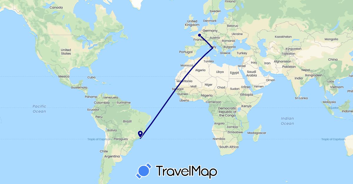 TravelMap itinerary: driving in Brazil, France, Italy (Europe, South America)